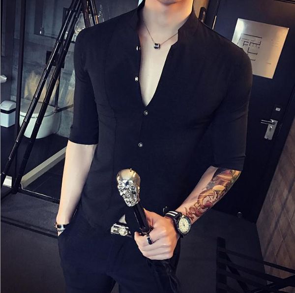 men's casual shirts stand collar chinese style shirt men slim fit korea clothes half sleeve summer designer club camisa masculina j3350, White;black
men's casual shirts stand collar chinese style shirt men slim fit korea clothes half sleeve summer designer club camisa masculina j3350, White;black