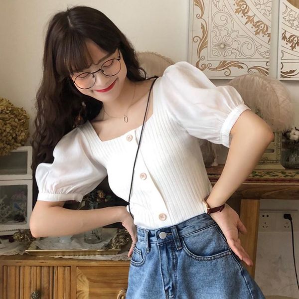 women's t-shirt women summer coat square collar solid color simple wild bubble sleeve knitted short tshirt, White
women's t-shirt women summer coat square collar solid color simple wild bubble sleeve knitted short tshirt, White