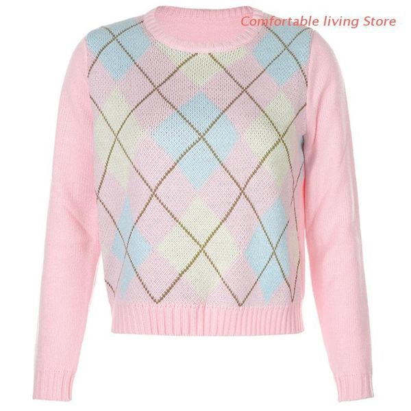 women's sweaters women long sleeve pink sweater crew neck argyle plaid knitted loose jumper, White;black
women's sweaters women long sleeve pink sweater crew neck argyle plaid knitted loose jumper, White;black