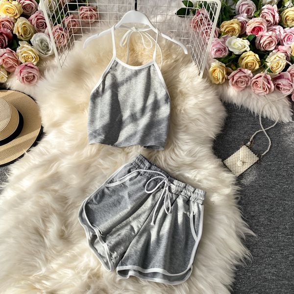 2021 summer women solid black/grey 2pcs sports halter short vest + wide leg high elastic waist shorts female two piece set wkqd, White;black
2021 summer women solid black/grey 2pcs sports halter short vest + wide leg high elastic waist shorts female two piece set wkqd, White;black