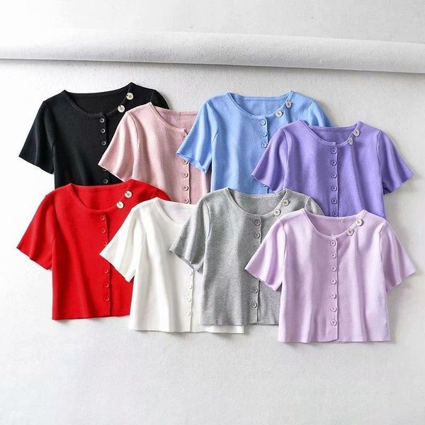 t shirt summer 2021 round neck short sleeve single breasted daisy knitted cardigan top, White
t shirt summer 2021 round neck short sleeve single breasted daisy knitted cardigan top, White