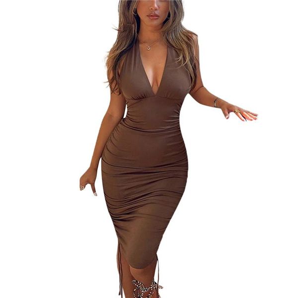 casual dresses women v-neck close-fitting backless halter dress brown solid color sleeveless pleated bodycon with drawstring, Black;gray
casual dresses women v-neck close-fitting backless halter dress brown solid color sleeveless pleated bodycon with drawstring, Black;gray