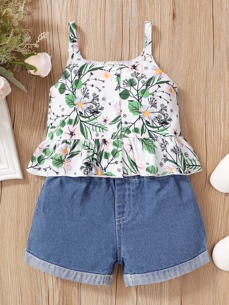 baby floral print ruffle hem cami & denim shorts she, White
baby floral print ruffle hem cami & denim shorts she, White
