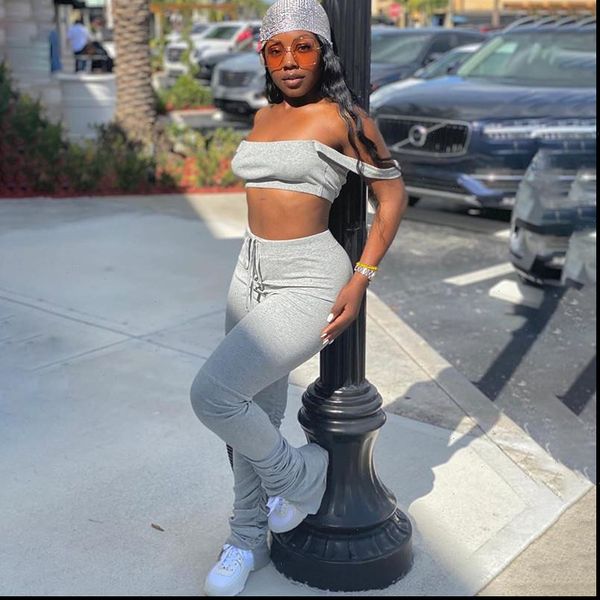 crop women flare pants ladies stacked joggers slash neck off shoulder tanks pleated high waist split bell bottom trousers, Gray
crop women flare pants ladies stacked joggers slash neck off shoulder tanks pleated high waist split bell bottom trousers, Gray