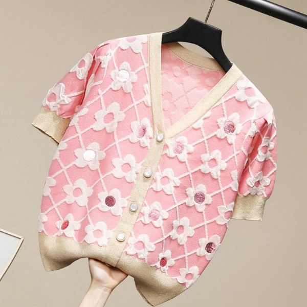 women's knits & tees summer sequins pearl button flower knitted sweater cardigan women fashion patchwork v-neck short sleeve slim thin, White
women's knits & tees summer sequins pearl button flower knitted sweater cardigan women fashion patchwork v-neck short sleeve slim thin, White