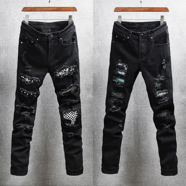 2021 new american streetwear fashion men jeans slim fit black elastic cotton ripped denim punk trousers patches designer hip hop pants 20e2, Blue
2021 new american streetwear fashion men jeans slim fit black elastic cotton ripped denim punk trousers patches designer hip hop pants 20e2, Blue
