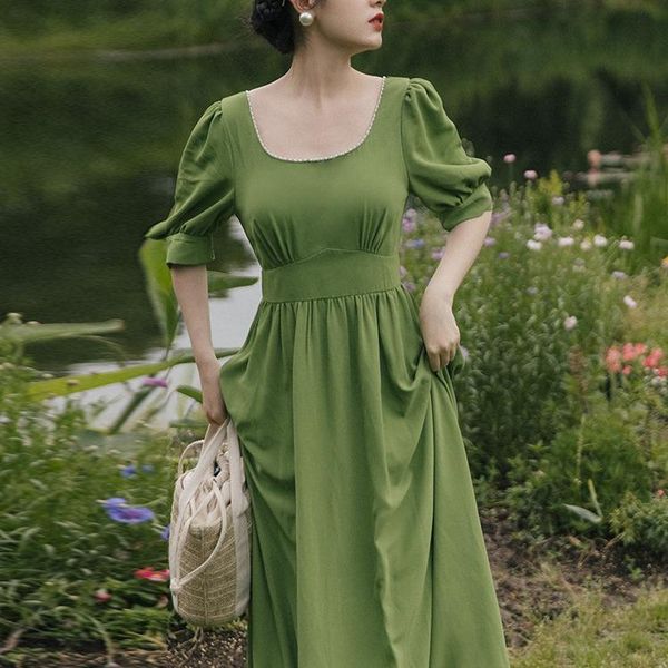 party dresses korean design women puff sleeve solid color pleated high waist mori girl vintage french lady loose green dress vestidios, White;black
party dresses korean design women puff sleeve solid color pleated high waist mori girl vintage french lady loose green dress vestidios, White;black
