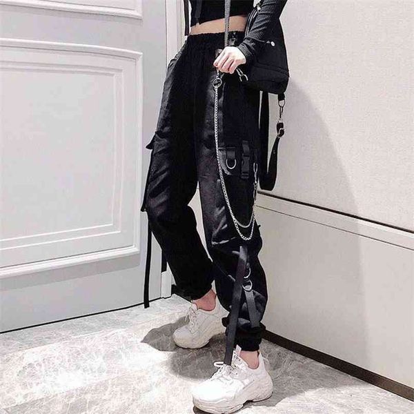 women elastic waist loose cargo pants hip hop streetwear black casual punk harem with pockets 210915, Black;white
women elastic waist loose cargo pants hip hop streetwear black casual punk harem with pockets 210915, Black;white
