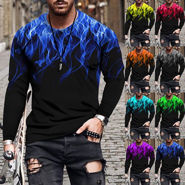 2021 autumn sweatshirt new men's flame printing simple long-sleeved t-shirt, Black