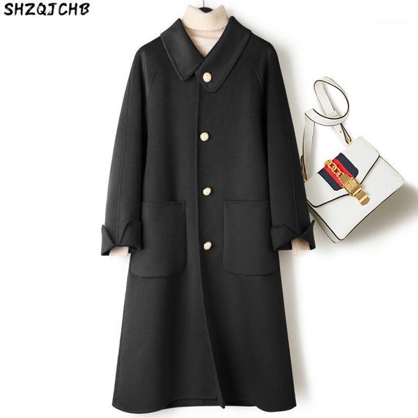 row asymmetric collar single personalized pearl button double face wool coat women's medium length & blends, Black
row asymmetric collar single personalized pearl button double face wool coat women's medium length & blends, Black