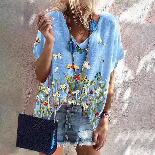 women's t-shirt for v-neck loose casual flower printing short sleeve women clothing camisetas de mujer, White
women's t-shirt for v-neck loose casual flower printing short sleeve women clothing camisetas de mujer, White