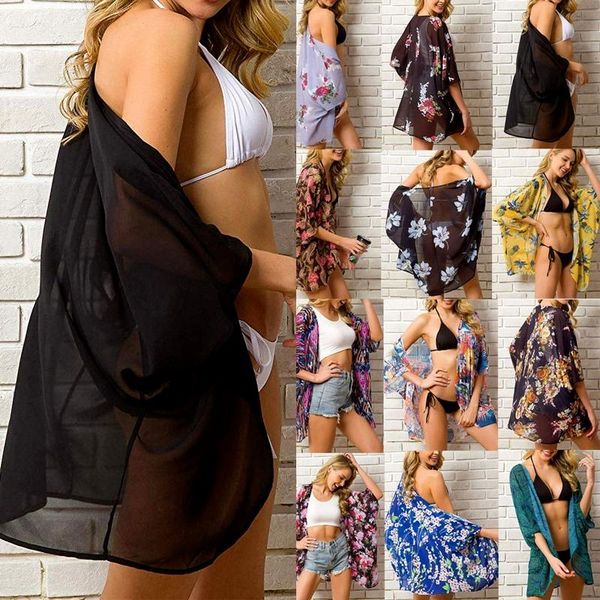 women's swimwear cover up summer women chiffon floral kimono beach cardigan sheer long blouse shirts female swim suit see through, White;black
women's swimwear cover up summer women chiffon floral kimono beach cardigan sheer long blouse shirts female swim suit see through, White;black