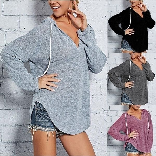fashion women long sleeve t shirt hooded pullover hoodies female winter autumn loose solid v neck hoody clothes 210315, White 
fashion women long sleeve t shirt hooded pullover hoodies female winter autumn loose solid v neck hoody clothes 210315, White