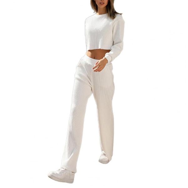 women's two piece pants 1 set crop solid color waffle women o neck blouse straight leg trousers for fitness, White
women's two piece pants 1 set crop solid color waffle women o neck blouse straight leg trousers for fitness, White