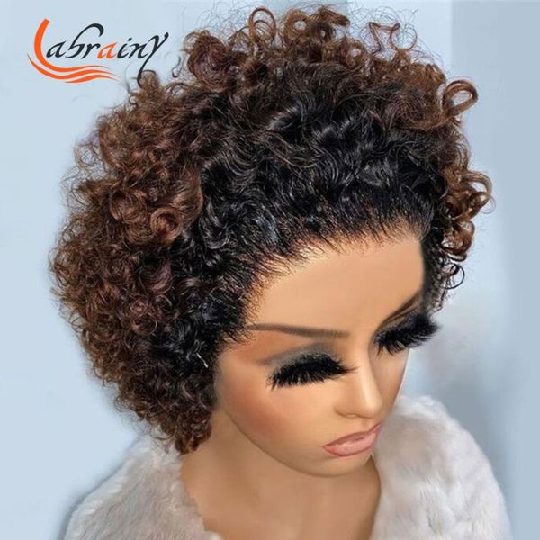 lace wigs 4x4 ombre honey blonde short bob transparent frontal human hair highlight brown kinky curly pixie pre plucked, Black;brown