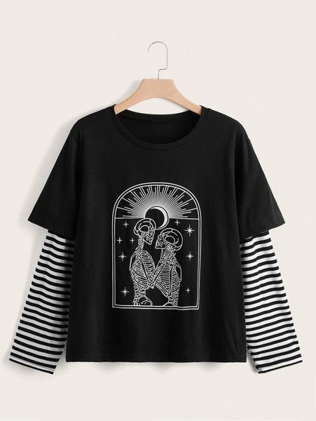 plus 2 in 1 striped skeleton print tee s5f9#, Black