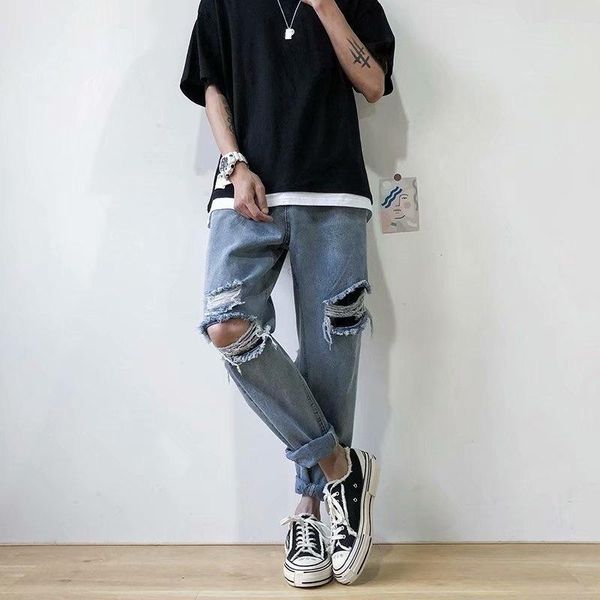 men's jeans fashion broken hole pants ripped straight tube loose vintage washed denim streetwear, Blue
men's jeans fashion broken hole pants ripped straight tube loose vintage washed denim streetwear, Blue