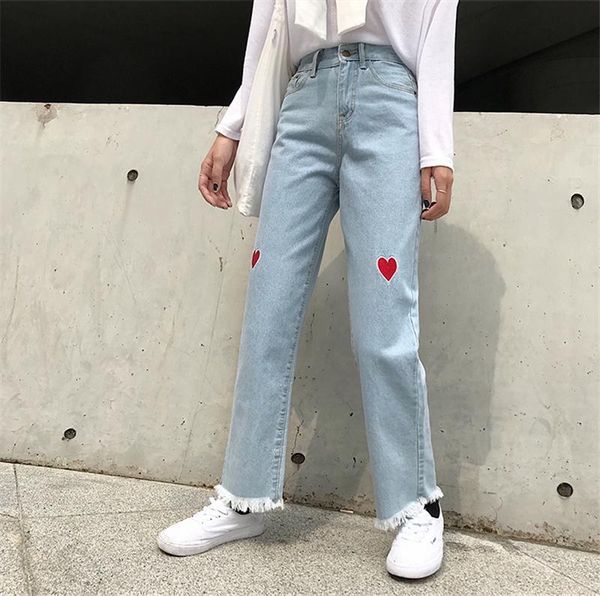 women's jeans high waist pants wide leg harajuku cute heart shape embroidered trousers summer women roll, Blue
women's jeans high waist pants wide leg harajuku cute heart shape embroidered trousers summer women roll, Blue