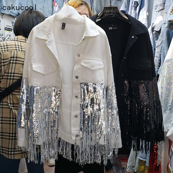 women's jackets cakucool white denim jacket sequined tassels jeans korean loose shimmer punk coat casual girls outerwear, Black;brown
women's jackets cakucool white denim jacket sequined tassels jeans korean loose shimmer punk coat casual girls outerwear, Black;brown