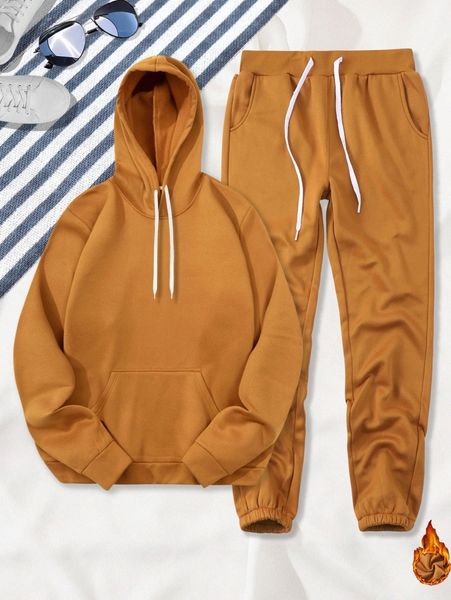men kangaroo pocket drawstring thermal hoodie & sweatpants n54u#, Gray