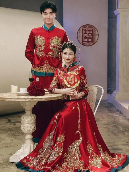 ethnic clothing bride breidegroom chinese style oriental marriage set wedding dress exquisite sequin dragon phoenix embroidery cheongsam, Red
ethnic clothing bride breidegroom chinese style oriental marriage set wedding dress exquisite sequin dragon phoenix embroidery cheongsam, Red