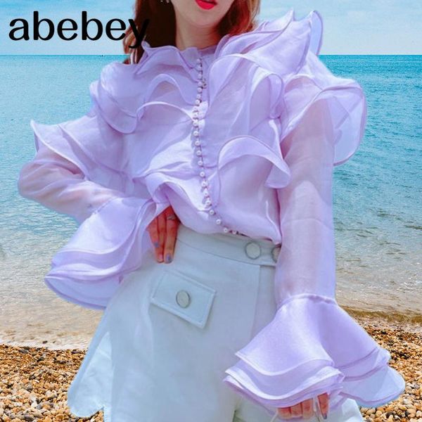 women's blouses & shirts fashion sweet women organza violet 2021 autumn single breasted pearl layers ruffles mesh loose shirt, White
women's blouses & shirts fashion sweet women organza violet 2021 autumn single breasted pearl layers ruffles mesh loose shirt, White