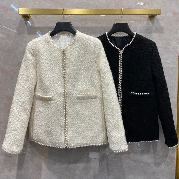 women's wool & blends arrival designer coat fashion pearls beading tweed ovecoat c706, Black
women's wool & blends arrival designer coat fashion pearls beading tweed ovecoat c706, Black