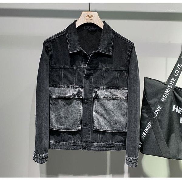 men's jackets men 2021 spring atumn fashion short denim patchwork big pocket overcoats male lapel long sleeve outwear o537, Black;brown
men's jackets men 2021 spring atumn fashion short denim patchwork big pocket overcoats male lapel long sleeve outwear o537, Black;brown