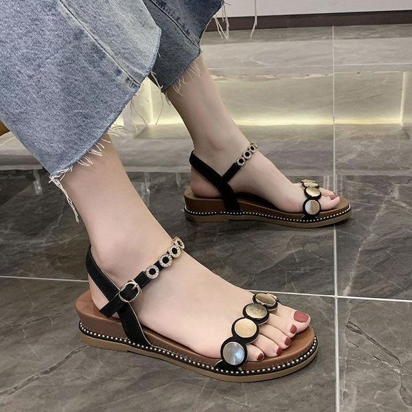 2021 summer fashion new metal decoration round bead sandals open toe comfortable square heel women flat shoes, Black
2021 summer fashion new metal decoration round bead sandals open toe comfortable square heel women flat shoes, Black