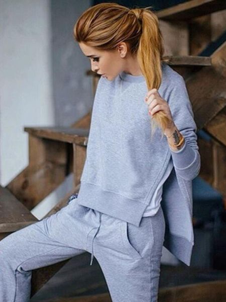 2021 autumn and winter european and american women's style solid color two-piece suit irregular split pullover sweater suit, Gray
2021 autumn and winter european and american women's style solid color two-piece suit irregular split pullover sweater suit, Gray