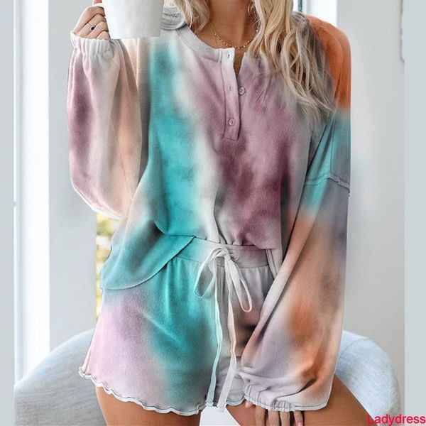 women's t-shirt 2021 plus size tie dyed women two pcs sets casual button lantern long sleeve elastic lace up ruffle shorts ladies h, White
women's t-shirt 2021 plus size tie dyed women two pcs sets casual button lantern long sleeve elastic lace up ruffle shorts ladies h, White