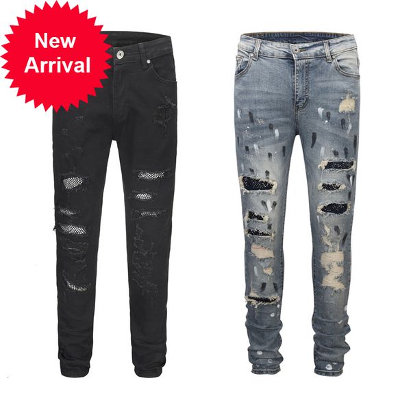 2 styles men stretchy ripped skinny moto & biker embroidery print jeans destroyed hole slim fit denim jean, Blue 
2 styles men stretchy ripped skinny moto & biker embroidery print jeans destroyed hole slim fit denim jean, Blue
