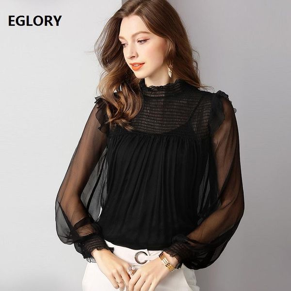 women's blouses & shirts fashion 2021 spring summer blouse women ruffled collar sheer lantern sleeve black blue silk shirt, White
women's blouses & shirts fashion 2021 spring summer blouse women ruffled collar sheer lantern sleeve black blue silk shirt, White
