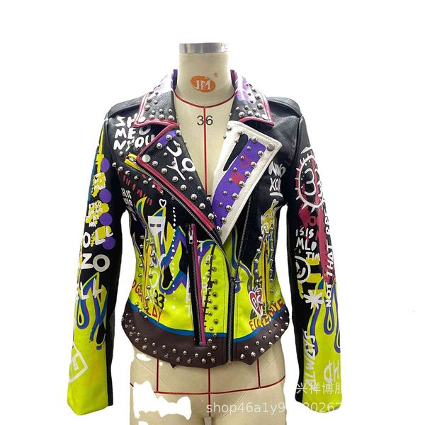 jacket punk rock fashion rivet graffiti color printed women's leather clothes (from two pieces), Black;brown
jacket punk rock fashion rivet graffiti color printed women's leather clothes (from two pieces), Black;brown