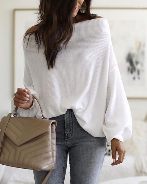 women elegant fashion solid casual female work wear office basic off shoulder lantern sleeve ribbed blouse women's blouses & shirts, White
women elegant fashion solid casual female work wear office basic off shoulder lantern sleeve ribbed blouse women's blouses & shirts, White