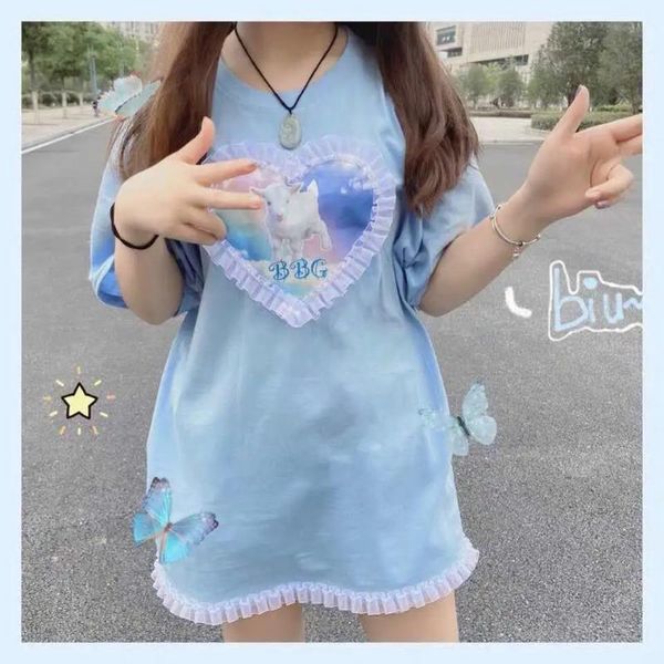 women's t-shirt summer japanese soft girl cute lace sheep korean students loose mid-length short-sleeved girlfriends, White
women's t-shirt summer japanese soft girl cute lace sheep korean students loose mid-length short-sleeved girlfriends, White
