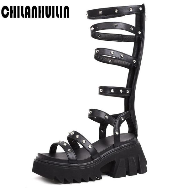 boots punk style roman rivets summer microfiber leather shoes woman knee high heels thick platform, Black
boots punk style roman rivets summer microfiber leather shoes woman knee high heels thick platform, Black