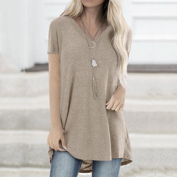women's solid t-shirt summer plus size long tee shirt women v neck short sleeve long casual women loose t-shirt femme, White
women's solid t-shirt summer plus size long tee shirt women v neck short sleeve long casual women loose t-shirt femme, White
