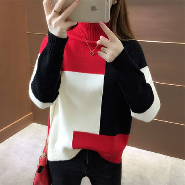 jmnfc patchwork women's sweater loose autumn collar long sleeve thick korean fashion top, White;black
jmnfc patchwork women's sweater loose autumn collar long sleeve thick korean fashion top, White;black