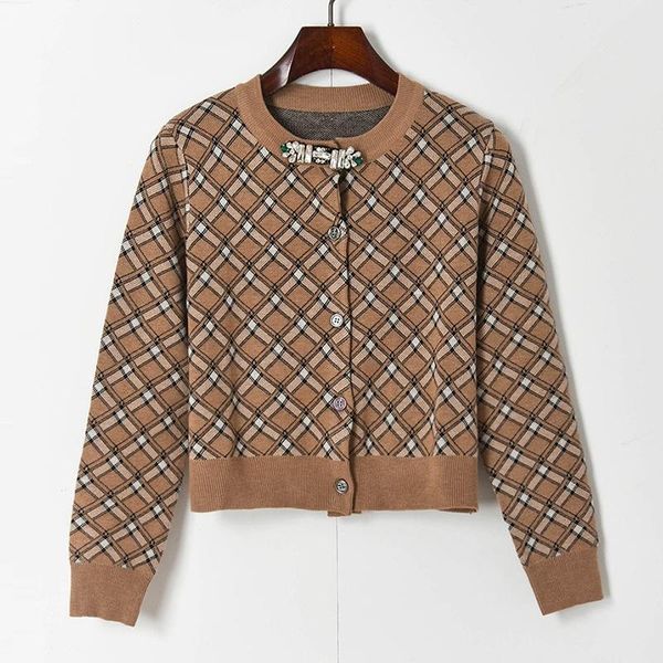women's knits & tees fashion o-neck sweater crystal brooch jacket single-breasted short brown cardigan spring plaid, White
women's knits & tees fashion o-neck sweater crystal brooch jacket single-breasted short brown cardigan spring plaid, White
