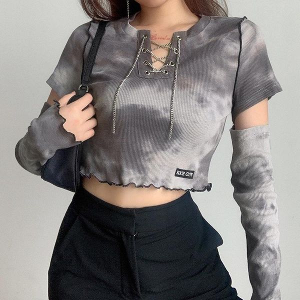women's t-shirt design sense of chest chain hollow small letter embroidery long-sleeved tie-dye autumn short crop goth, White
women's t-shirt design sense of chest chain hollow small letter embroidery long-sleeved tie-dye autumn short crop goth, White