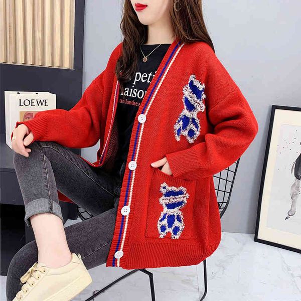 women's sweaters cute cartoon cardigan long sleeve loose knit coats autumn and winter hhws, White;black
women's sweaters cute cartoon cardigan long sleeve loose knit coats autumn and winter hhws, White;black