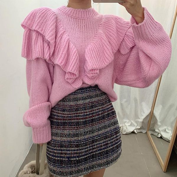women's sweaters lady ruffless lantern sleeve o neck sweet pink beige women vintage elegant pullover sweater autumn korean fashion clot, White;black
women's sweaters lady ruffless lantern sleeve o neck sweet pink beige women vintage elegant pullover sweater autumn korean fashion clot, White;black