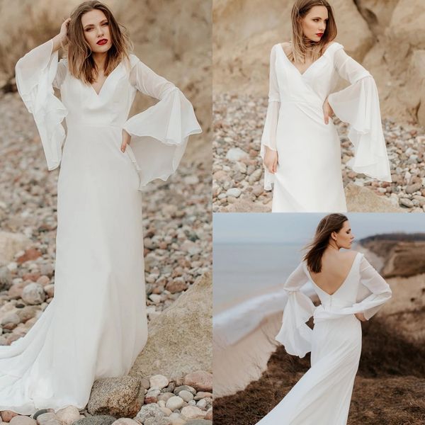 boho bell long sleeves simple wedding dress beach seaside open back v neck tight-fitting sheath bridal gowns plus size sweep train chiffon r, White
boho bell long sleeves simple wedding dress beach seaside open back v neck tight-fitting sheath bridal gowns plus size sweep train chiffon r, White