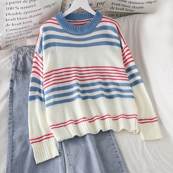 2021 new autumn full sleeve blue red striped pullover women sweater knitted sweaters o-neck pull femme jumper female qjv5, White;black
2021 new autumn full sleeve blue red striped pullover women sweater knitted sweaters o-neck pull femme jumper female qjv5, White;black
