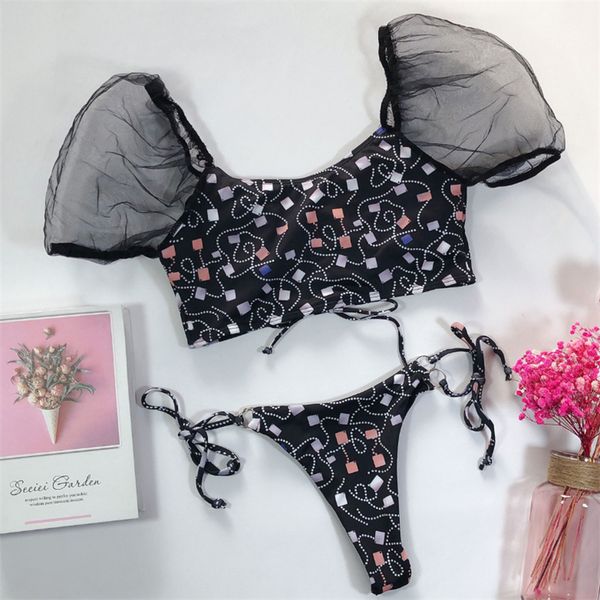 fashion women vintage romance mesh short sleeve print lace up bandage two-piece suits swimsuits beachwear bathing suits, Black 
fashion women vintage romance mesh short sleeve print lace up bandage two-piece suits swimsuits beachwear bathing suits, Black