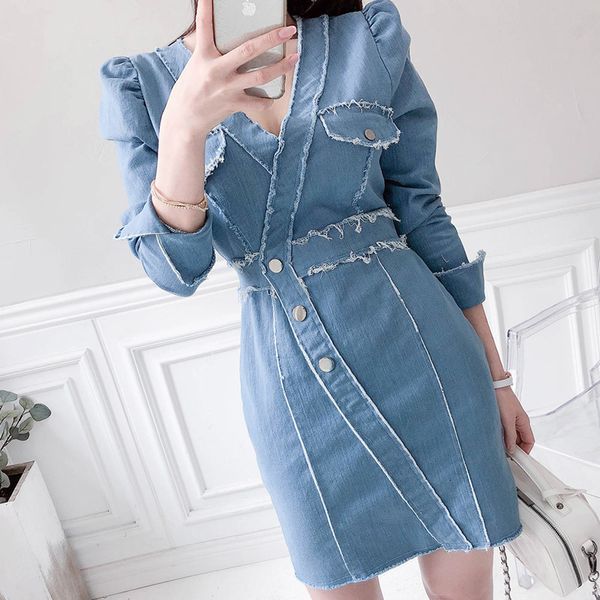 blue denim bodycon street a line dressed girly spring girls'summer buttons up to her neck puff long cowboy sleeve wrapped in dress taqy, White
blue denim bodycon street a line dressed girly spring girls'summer buttons up to her neck puff long cowboy sleeve wrapped in dress taqy, White