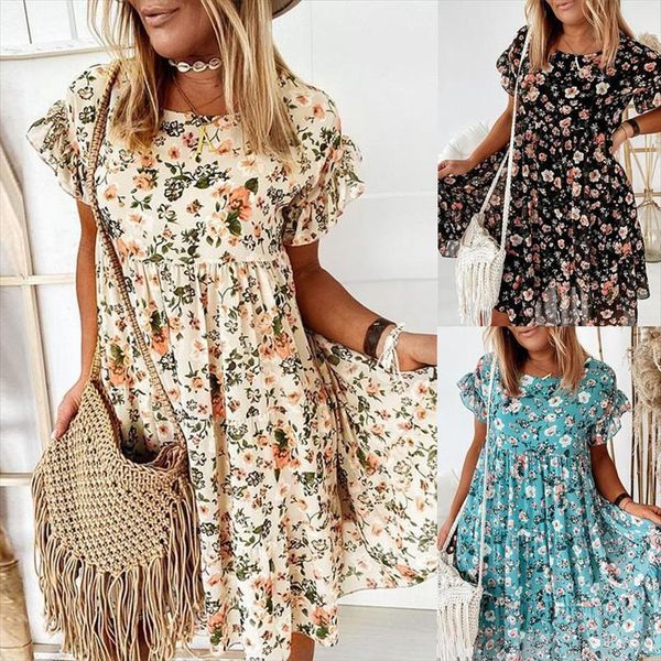 summer floral print causal ruffles womens dresses short sleeve bohemian o neck a line loose female mini vestidos, Black;gray
summer floral print causal ruffles womens dresses short sleeve bohemian o neck a line loose female mini vestidos, Black;gray
