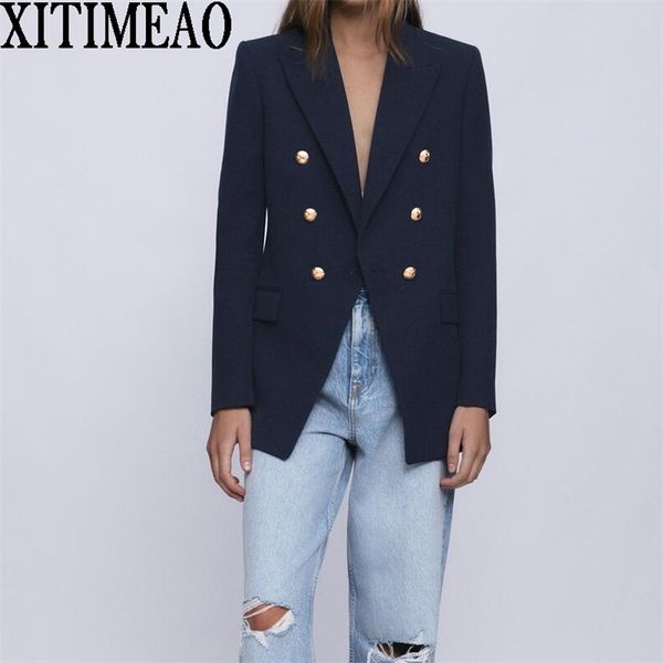 za women fashion with metal buttons blazers coat vintage long sleeve back vents female outerwear chic 210915, White;black
za women fashion with metal buttons blazers coat vintage long sleeve back vents female outerwear chic 210915, White;black