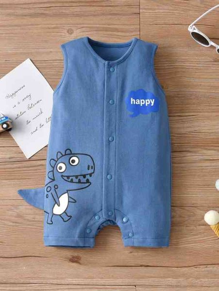 baby letter & dinosaur print 3d patched sleeveless romper she, Blue 
baby letter & dinosaur print 3d patched sleeveless romper she, Blue